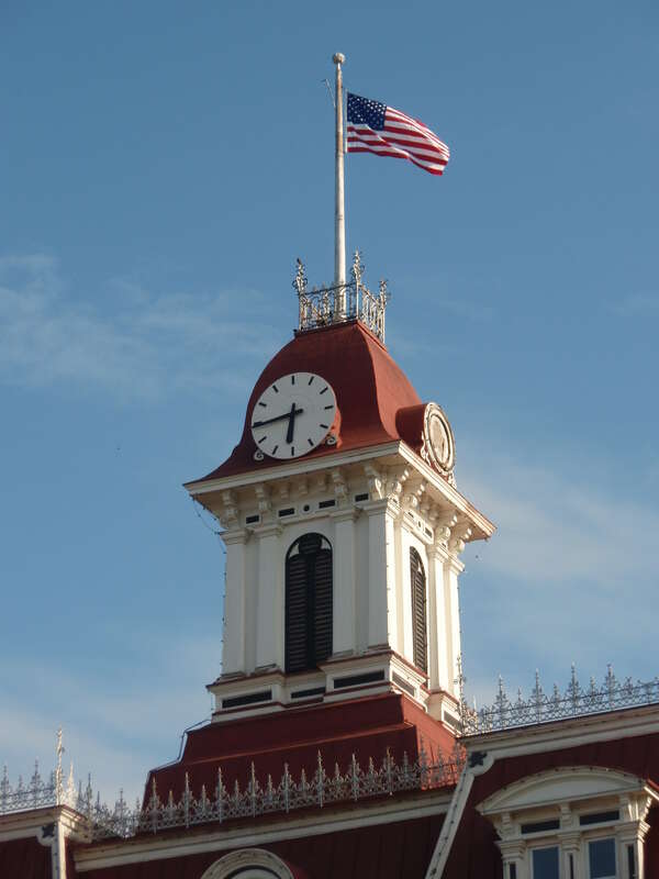 Clock tower on the Chase County Courthouse in Cottonwood Falls, Kansas, United States.  Built in 1873, it is listed on the National Register of Historic Places.