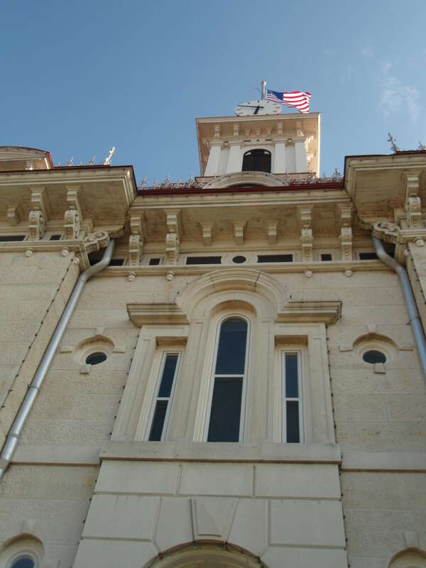 Closeup view of the Chase County Courthouse in Cottonwood Falls, Kansas, United States.  Built in 1873, it is listed on the National Register of Historic Places.