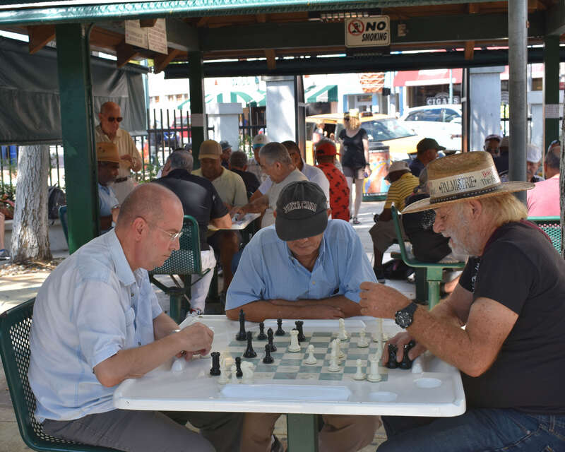 Men play chess in Domino Park.