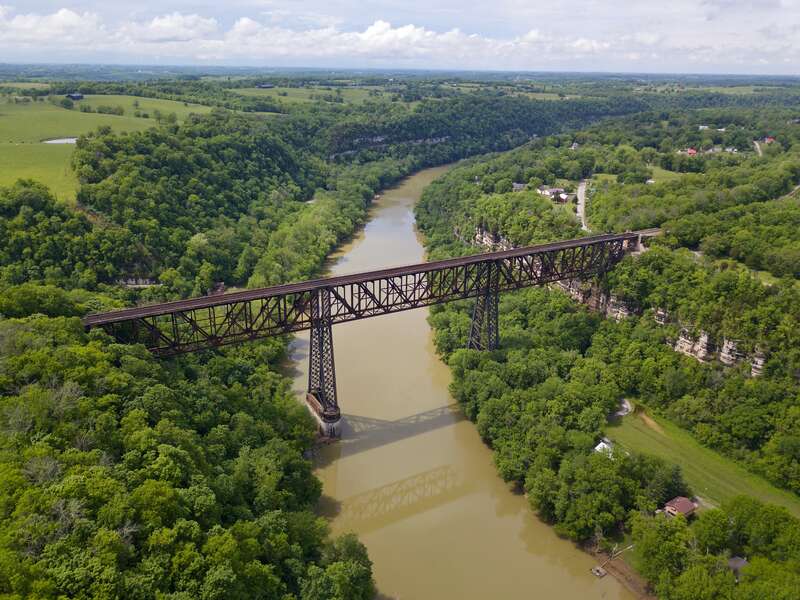 A drone's eye view of the &quot;High Bridge of Kentucky&quot; - a U.S. National Civil Engineering Landmark:
https://en.wikipedia.org/wiki/High_Bridge_of_Kentucky