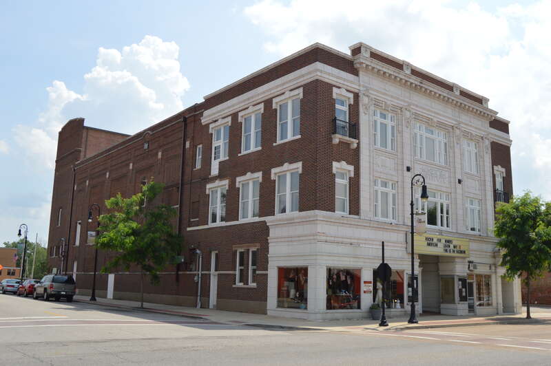 Front and eastern side of the Miners Institute Building, located at 204 W. Main Street in Collinsville, Illinois, United States.  Built in 1918, it is listed on the National Register of Historic Places.