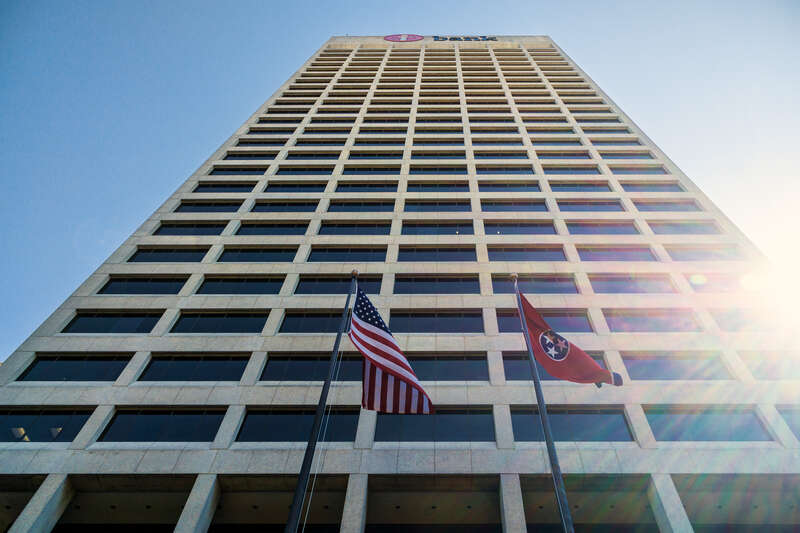 American and Tennessee flags in front of One Commerce Square, aka &quot;iBank Tower&quot;, downtown Memphis Tennessee