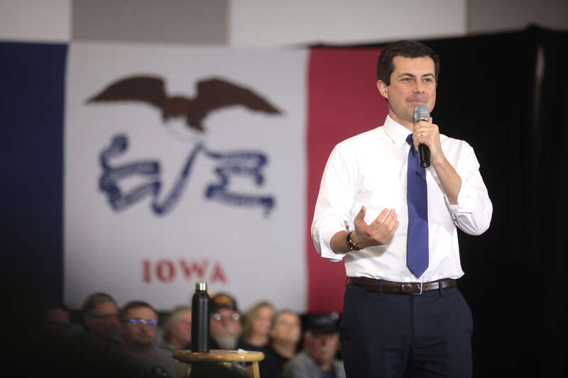Mayor Pete Buttigieg speaking with supporters at a town hall at the Madison County Fairgrounds Jackson Building in Winterset, Iowa.

Please attribute to Gage Skidmore if used elsewhere.