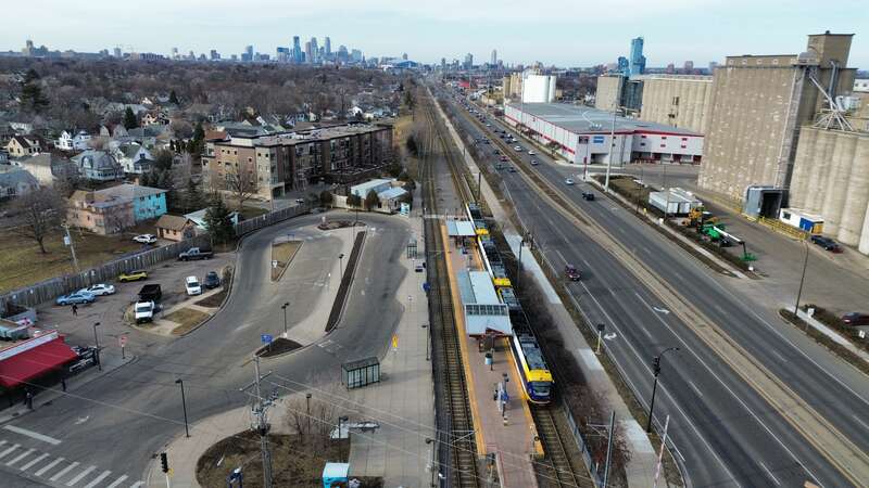 A METRO Blue Line train stops northbound towards downtown Minneapolis at 38th Street Station