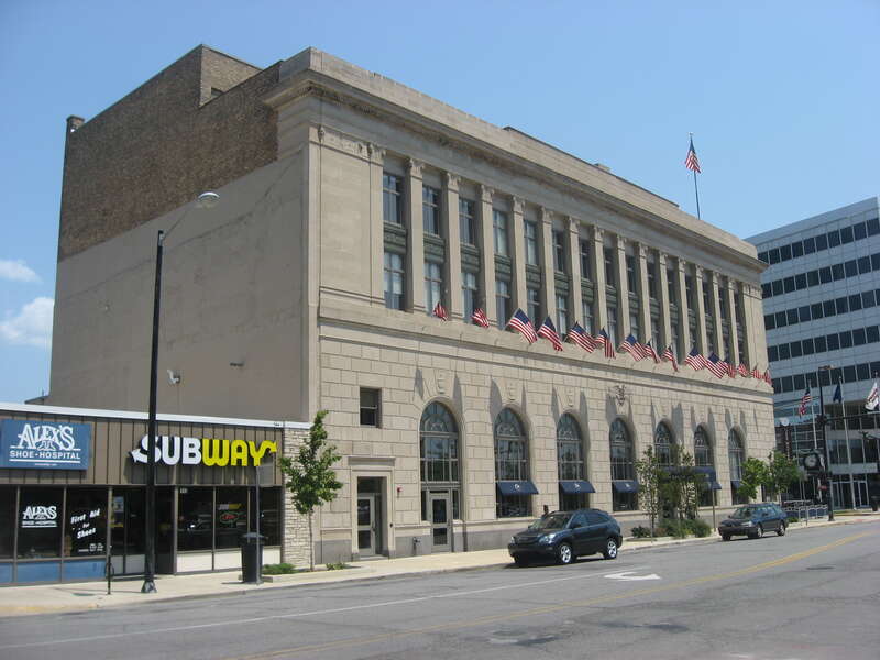 Front and western side of the All American Bank Building, located at 111 W. Washington Street in South Bend, Indiana, United States.  Built in 1924, it is listed on the National Register of Historic Places.