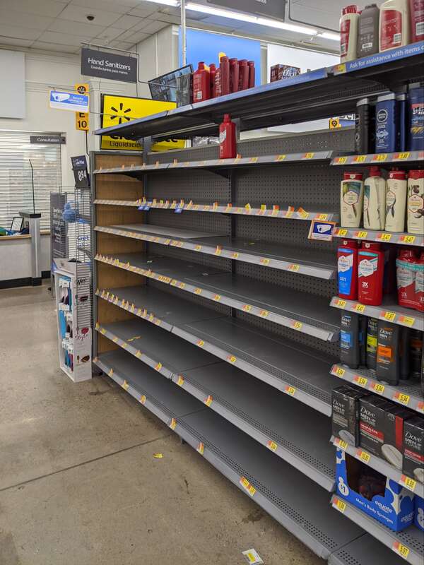 The hand sanitizer section of a Walmart in Santa Fe, New Mexico, when the initial panic buying of hand sanitizer started during the early parts of the COVID-19 pandemic.
