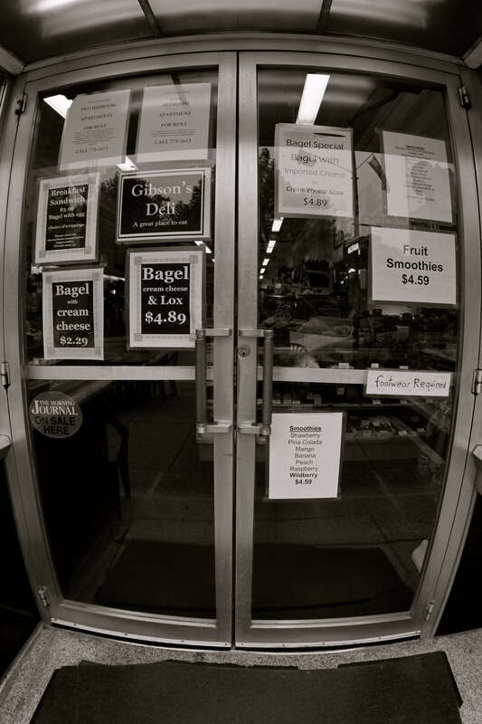 Attention Oberlin College students - footwear required!  Fisheye perspective, B&amp;amp;W image.