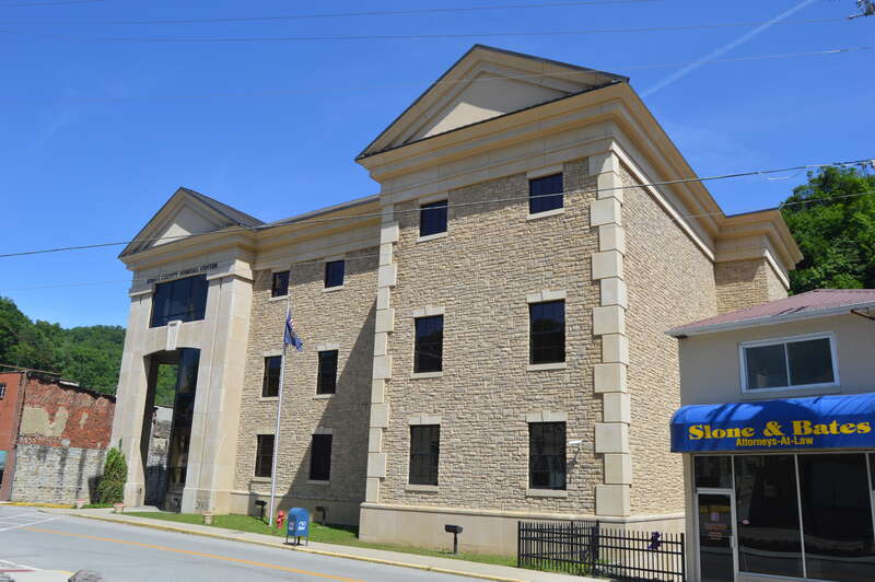 Front of the Knott County Judicial Center, located on Main Street (Kentucky Route 550) in downtown Hindman, Kentucky, United States.  It was built in 2005.