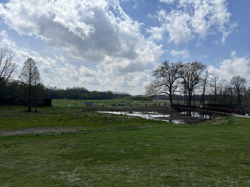 Mound A as seen from the Angel Mounds State Historic Site visitor center. Note the people in the background gathered to watch the Total Solar Eclipse of April 8, 2024.