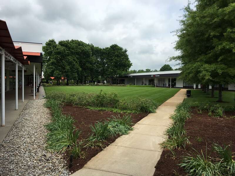 Central courtyard of the Princeton Shopping Center on North Harrison Street in Princeton, New Jersey.  Here the landscaped, two-acre courtyard is being viewed from the southwest corner looking northward.