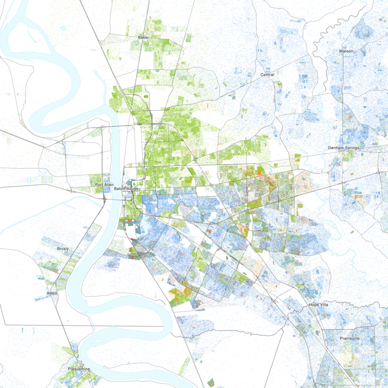 Map of the distribution of races and ethnicities in US cities, inspired by similar maps created by Dustin Cable and others.
Blue is White, Green is Black, Red is Asian, Orange is Hispanic, Purple is Multiracial, and Brown is Native American/Other.