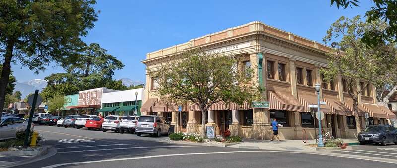 The Verbal Building in Claremont, California, with the San Gabriel Mountains in the background.