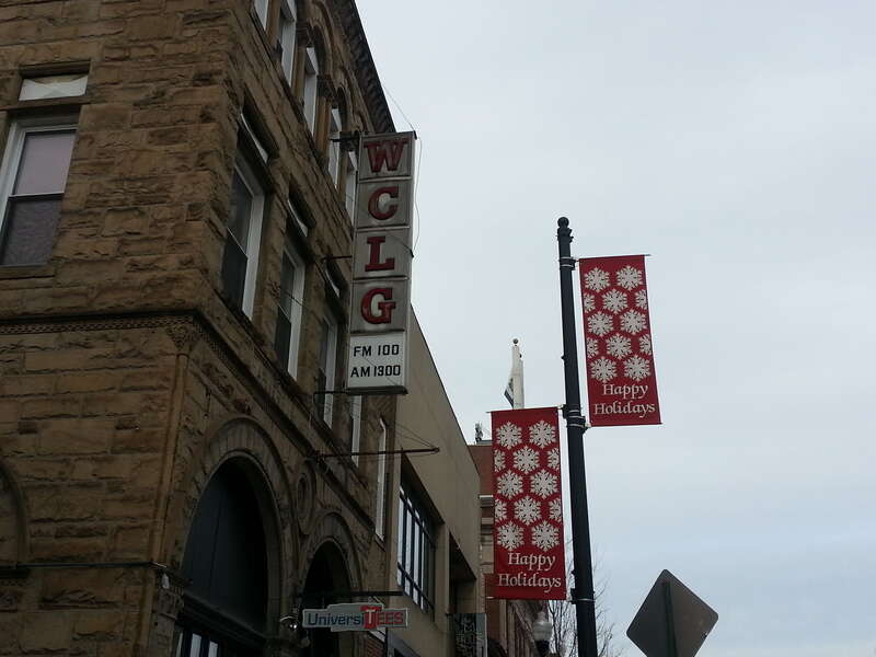 Sign at w:WCLG-FM radio studio in w:Morgantown, West Virginia.