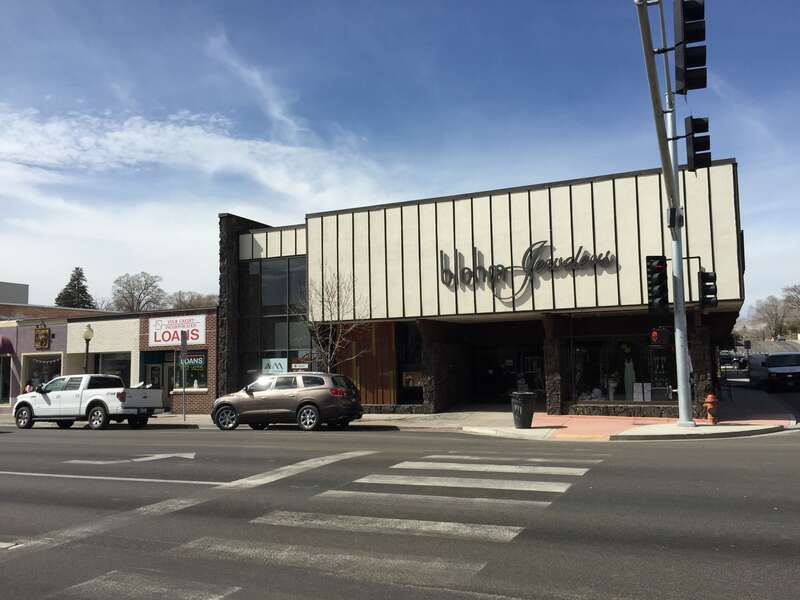 Blohm Jewelers at the corner of Idaho Street (Nevada State Route 535 and Interstate 80 Business) and 5th Street (Nevada State Route 227) in Elko, Nevada