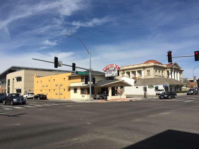 Buildings on the north corner of the intersection of Idaho Street (Nevada State Route 535 and Interstate 80 Business) and 5th Street (Nevada State Route 227) in Elko, Nevada