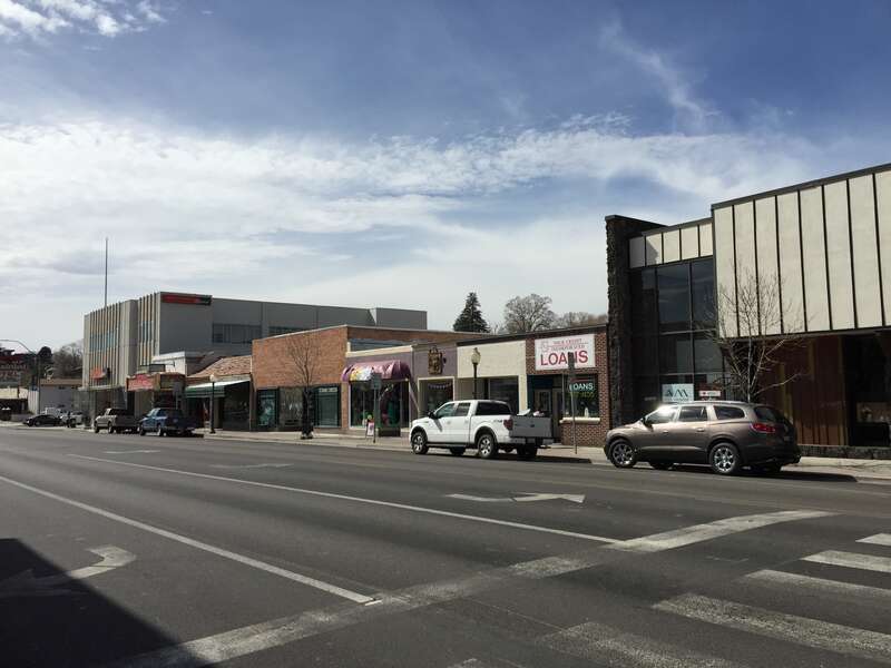 Buildings on the northwest side of Idaho Street (Nevada State Route 535 and Interstate 80 Business) between 5th Street (Nevada State Route 227) and 4th Street in Elko, Nevada