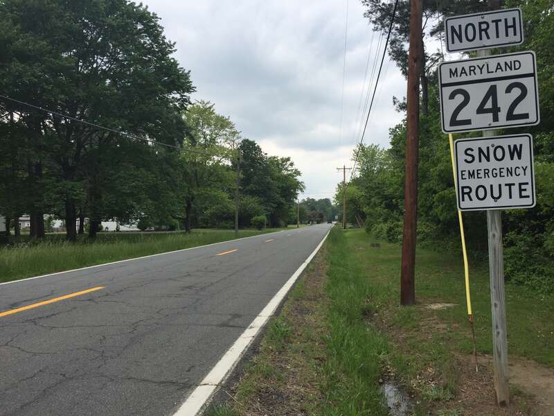 View north along Colton Point Road (Maryland State Route 242) near Gerard Lane in Coltons Point, St. Mary's County, Maryland
