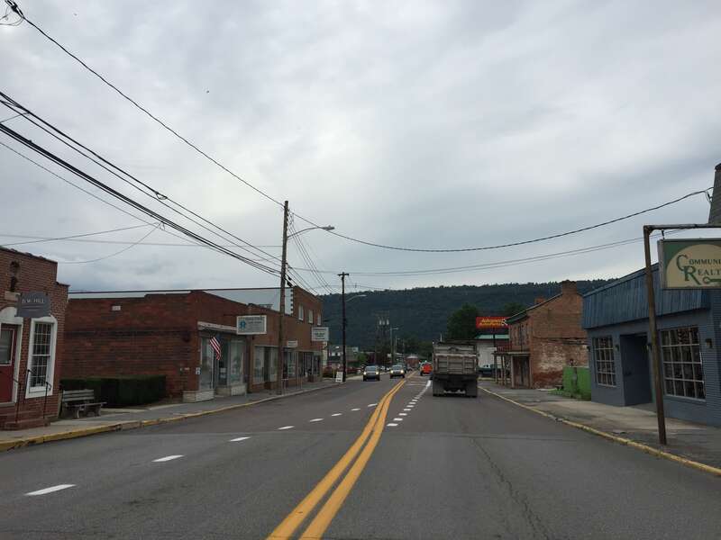 View west along U.S. Route 50 and south along West Virginia State Route 28 (Main Street) just west of High Street in Romney, Hampshire County, West Virginia