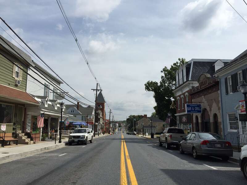 View east along Maryland State Route 77 and south along Maryland State Route 550 (Main Street) between Maryland State Route 806 (Church Street) and Municipal Street in Thurmont, Frederick County, Maryland