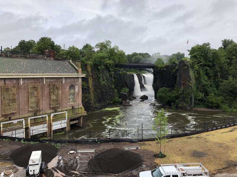 View of the Great Falls of the Passaic River from just north of McBride Avenue within Paterson Great Falls National Historical Park in Paterson, Passaic County, New Jersey