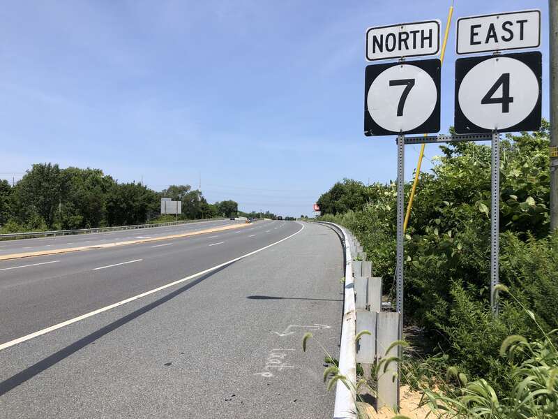 View east along Delaware State Route 4 and north along Delaware State Route 7 (Stanton-Christiana Road) at Old Stanton-Christiana Road in Stanton, New Castle County, Delaware