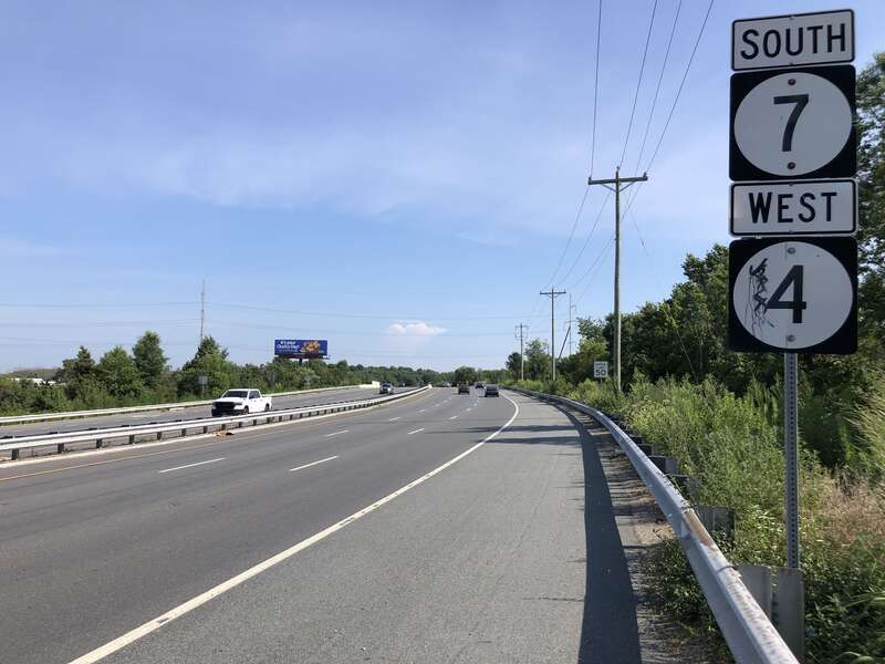 View west along Delaware State Route 4 and south along Delaware State Route 7 (Stanton-Christiana Road) at Old Stanton-Christiana Road in Stanton, New Castle County, Delaware