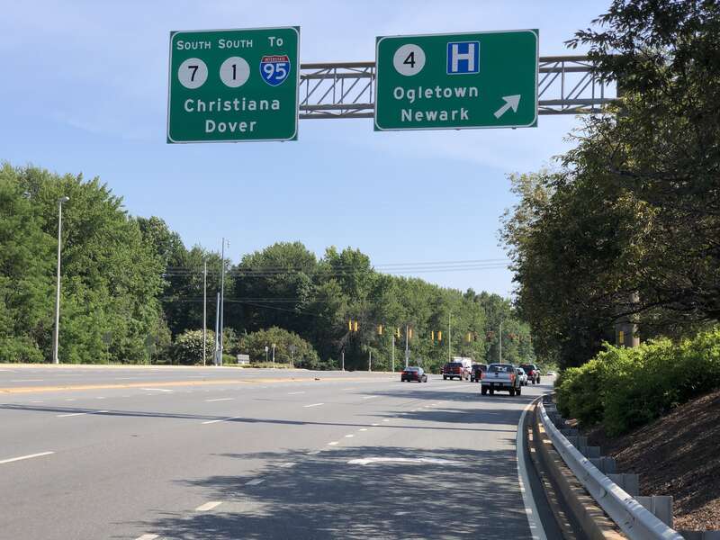 View west along Delaware State Route 4 and south along Delaware State Route 7 (Stanton-Christiana Road) at Stanton-Ogletown Road in Stanton, New Castle County, Delaware