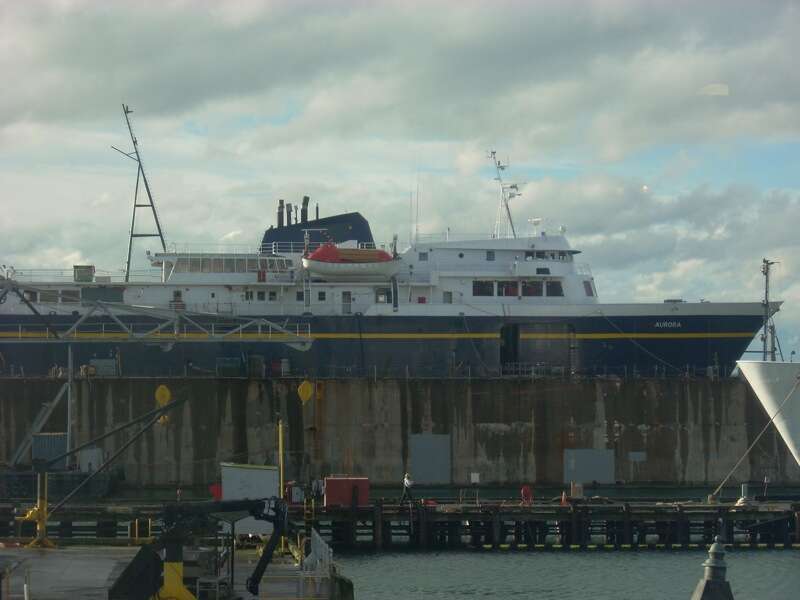Alaska Marine Highway System (AMHS) vessel Aurora, drydocked at the Bellingham Cruise Terminal in Northwest Washington. Jan 08

IMO Number:  	7502332
MMSI Number: 	338205000
Callsign: 	WYM9567
Length: 	72 m
Beam: 	18 m