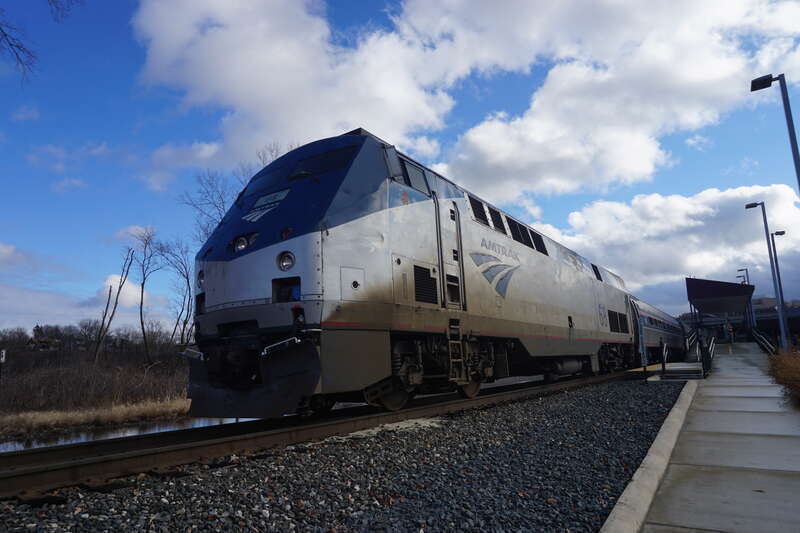 Amtrak's Wolverine, led by GE P42DC #68 and pushed by GE P42DC #59, at Ann Arbor Station in Ann Arbor, Michigan (United States).
