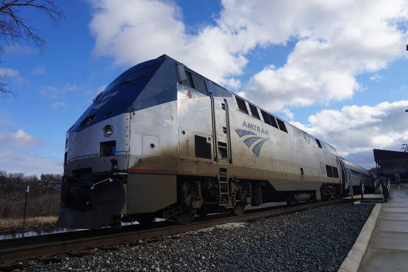 Amtrak's Wolverine, led by GE P42DC #68 and pushed by GE P42DC #59, at Ann Arbor Station in Ann Arbor, Michigan (United States).