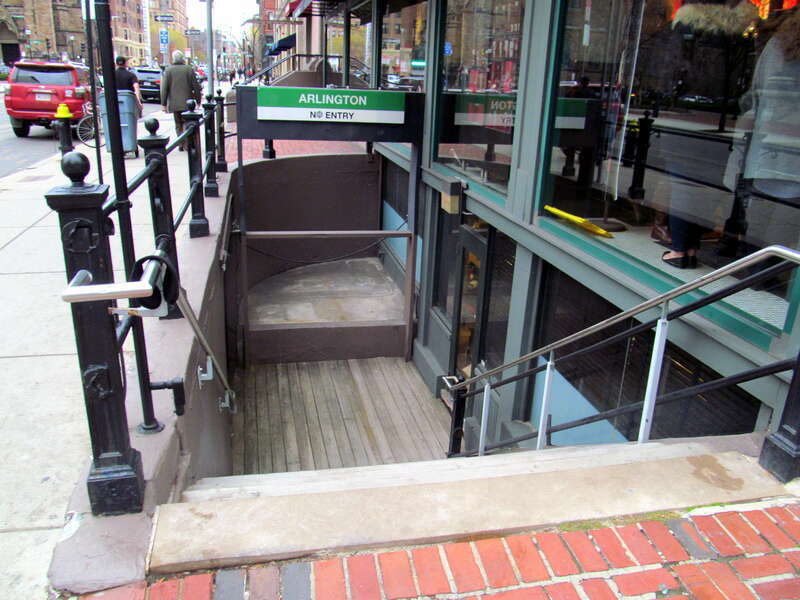 The Berkeley Street entrance for Arlington station, photographed in December 2015. Long closed, it was opened from 2006-2009 while the Arlington Street entrance was being rebuilt. This photo shows the staircase on the north side of Boylston Street.