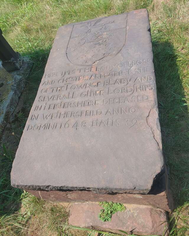 Tomb of Armiger Leonard Chester dated 1648 in Wethersfield Village Cemetery Connecticut carved by George Griswold