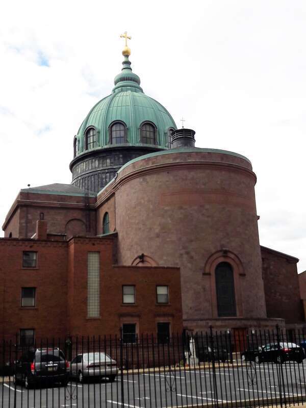 The exterior apse of the Cathedral Basilica of Saints Peter and Paul from N. 17th Street in Philadelphia.