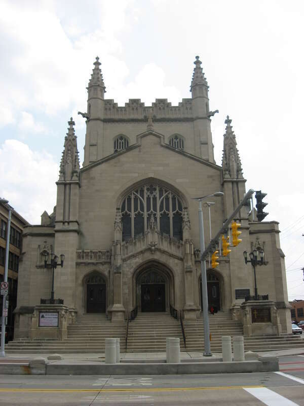 Front of First Methodist Church, located at the intersection of Euclid Avenue and 30th Street in Cleveland, Ohio, United States.  Located east of downtown, First Methodist was built in 1905 and is listed on the National Register of Historic Places.