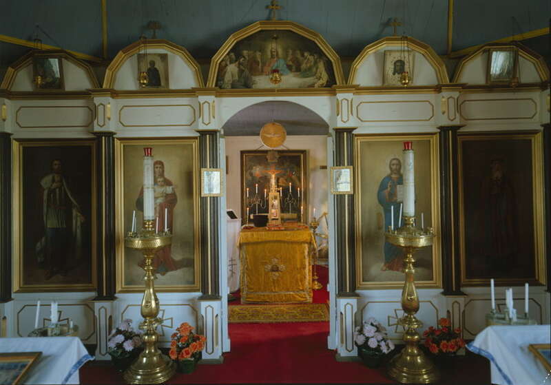 IInterior details including nave, iconostas, royal doors to altar, etc, of the Holy Assumption Russian Orthodox Church in Kenai, Alaska.