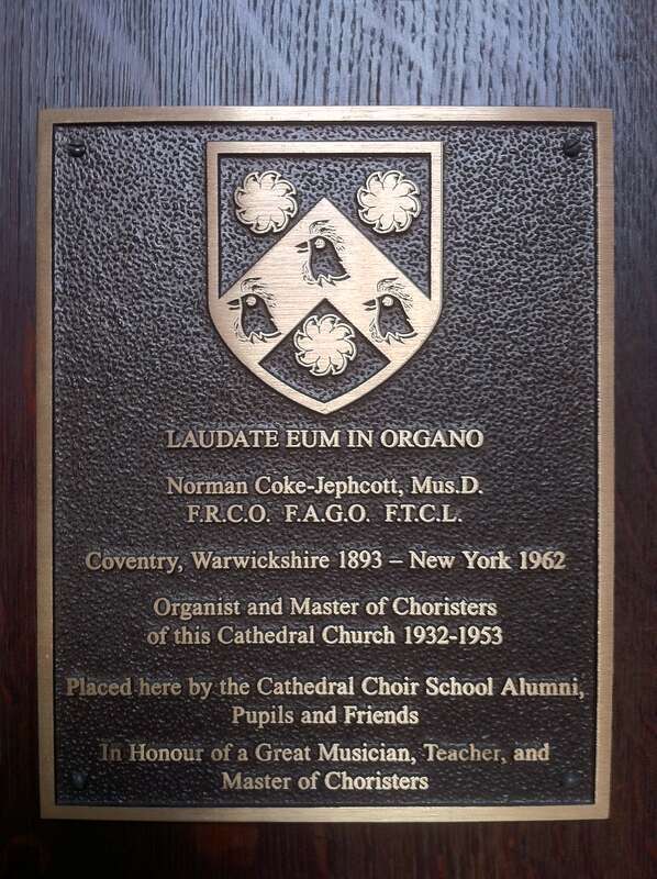 Memorial to Norman Coke-Jephcott in the Cathedral of St. John the Divine, New York