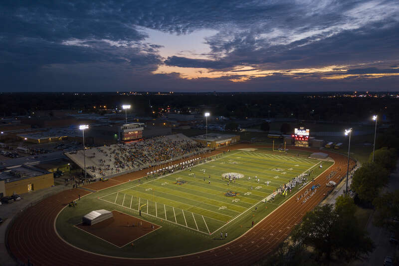 The Norman High School football field and track. The Norman Tigers playing the Edmond Santa Fe Wolves at Homecoming on September 29, 2017. Left in the background is Norman High School.