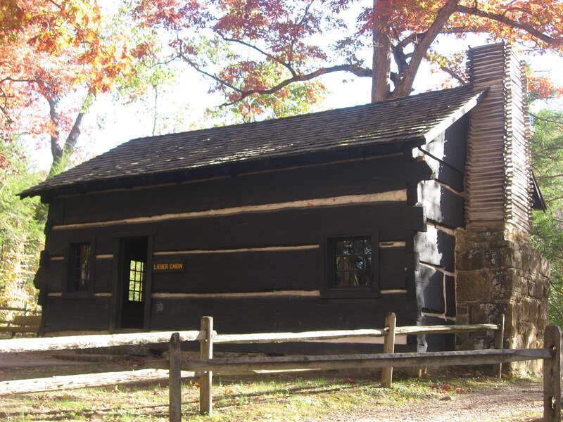 Northern side (rear) of the Richard Lieber Log Cabin, located on the grounds of Turkey Run State Park north of Marshall in Sugar Creek Township, Parke County, Indiana, United States.  Built in 1848 and completely rebuilt in 1918, it is listed on the