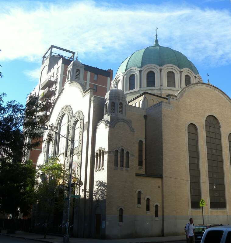 Looking southeast across 7th and Hall Streets at St George's Ukrainian Catholic Church on a sunny morning.