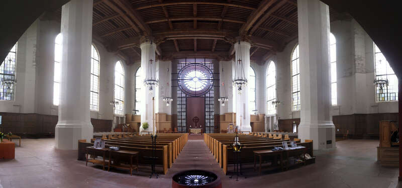 Panoramic of the interior St. Mark's Episcopal Cathedral space, from the entry facing the steeple. Captured on 2013-06-23.