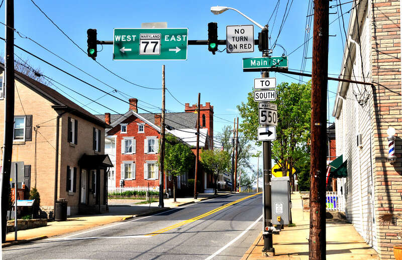 Corner of Main and Water Streets (MD 550 and MD 806) in Downtown Thurmont, Maryland. Camera is looking north on Water Street.
