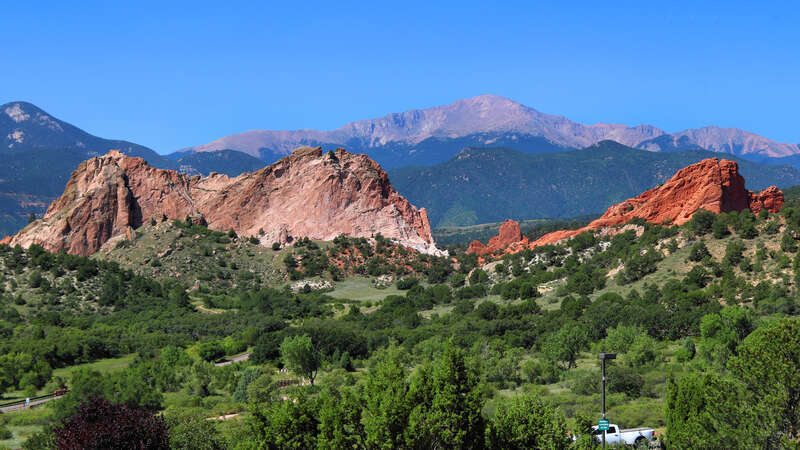 The view from the Garden of the Gods Visitor and Nature Center in Colorado Springs, Colorado, United States. Pikes Peak is in the background.