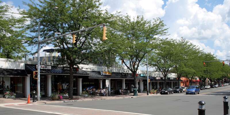 Some the shops and restaurants in West Hartford Center, the traditional shopping district of West Hartford, Connecticut