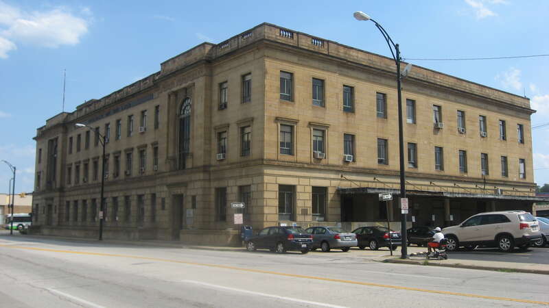 Front and western side of the Youngstown City Hall Annex, located at 9 W. Front Street in downtown Youngstown, Ohio, United States.  Built in 1932 as the city's main post office, it is listed on the National Register of Historic Places.