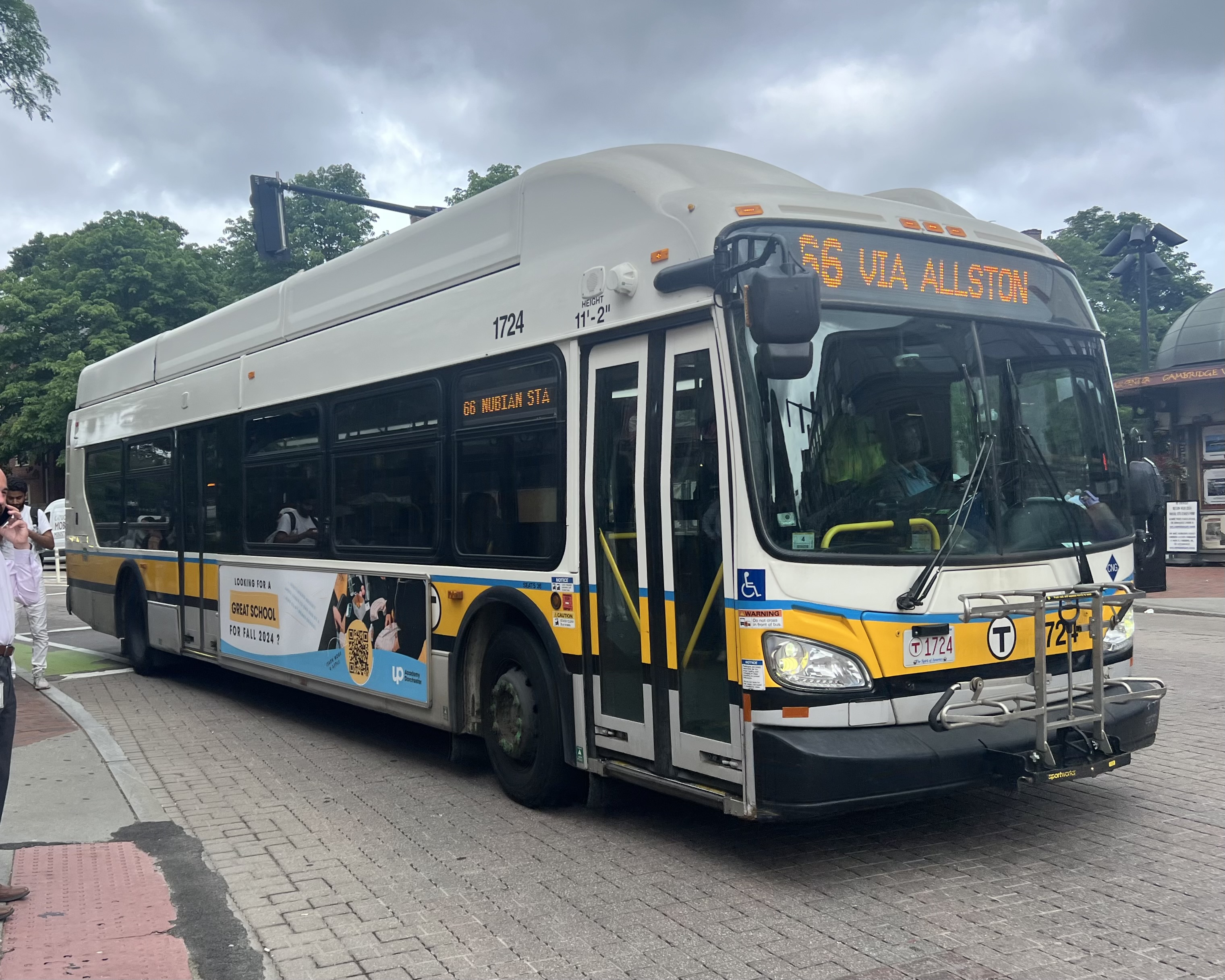 MBTA route 66 bus at Harvard Square in June 2024