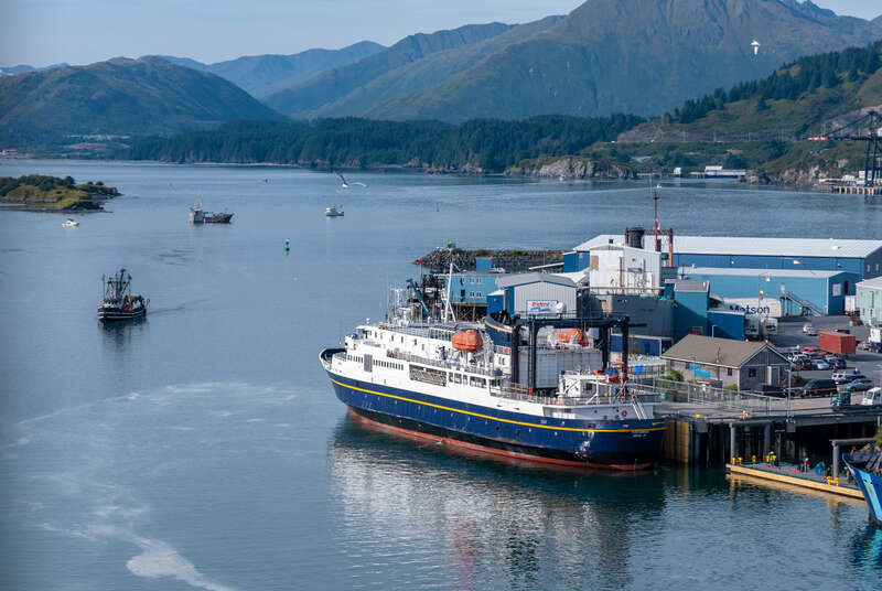 AMHS passenger and vehicle ferry, MV TUSTUMENA - IMO 6421086, docked at the public wharf in Kodiak, Alaska on September 5, 2018.