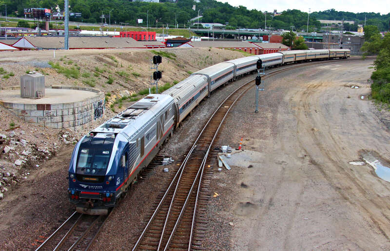 Amtrak &quot;IDTX&quot;4623(SC-44) is leading the Missouri River Runner into Santa Fe Junction to turn around to head back to Kansas City's Union Station seen from the 27th Street bridge to Nowhere west of Southwest Blvd in Kansas City, Missouri.
Photo Taken: