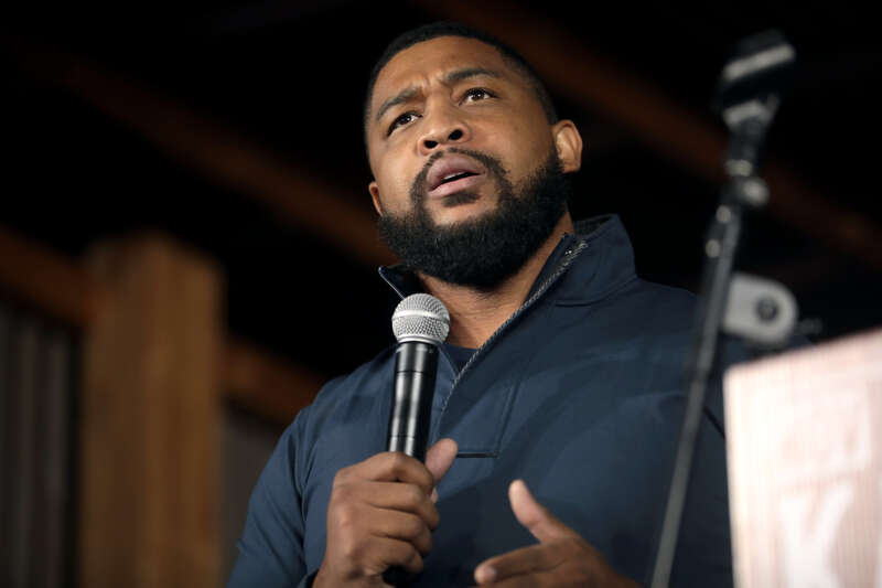 Brandon Tatum speaking with supporters of Kari Lake at a &quot;Back the Blue&quot; campaign rally at Frontier Town in Cave Creek, Arizona.

Please attribute to Gage Skidmore if used elsewhere.