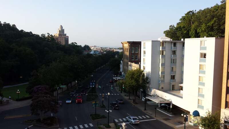 View from the 5th floor of the Arlington hotel in downtown Hot Springs, AR. Looking at the national park and central ave historic district