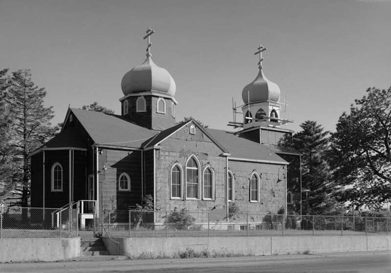 Northeastern side of the Holy Resurrection Church, a Russian Orthodox church in Kodiak, a city in the Kodiak Island Borough of the U.S. state of Alaska.  Built in 1945, the church was added to the National Register of Historic Places on 12 December